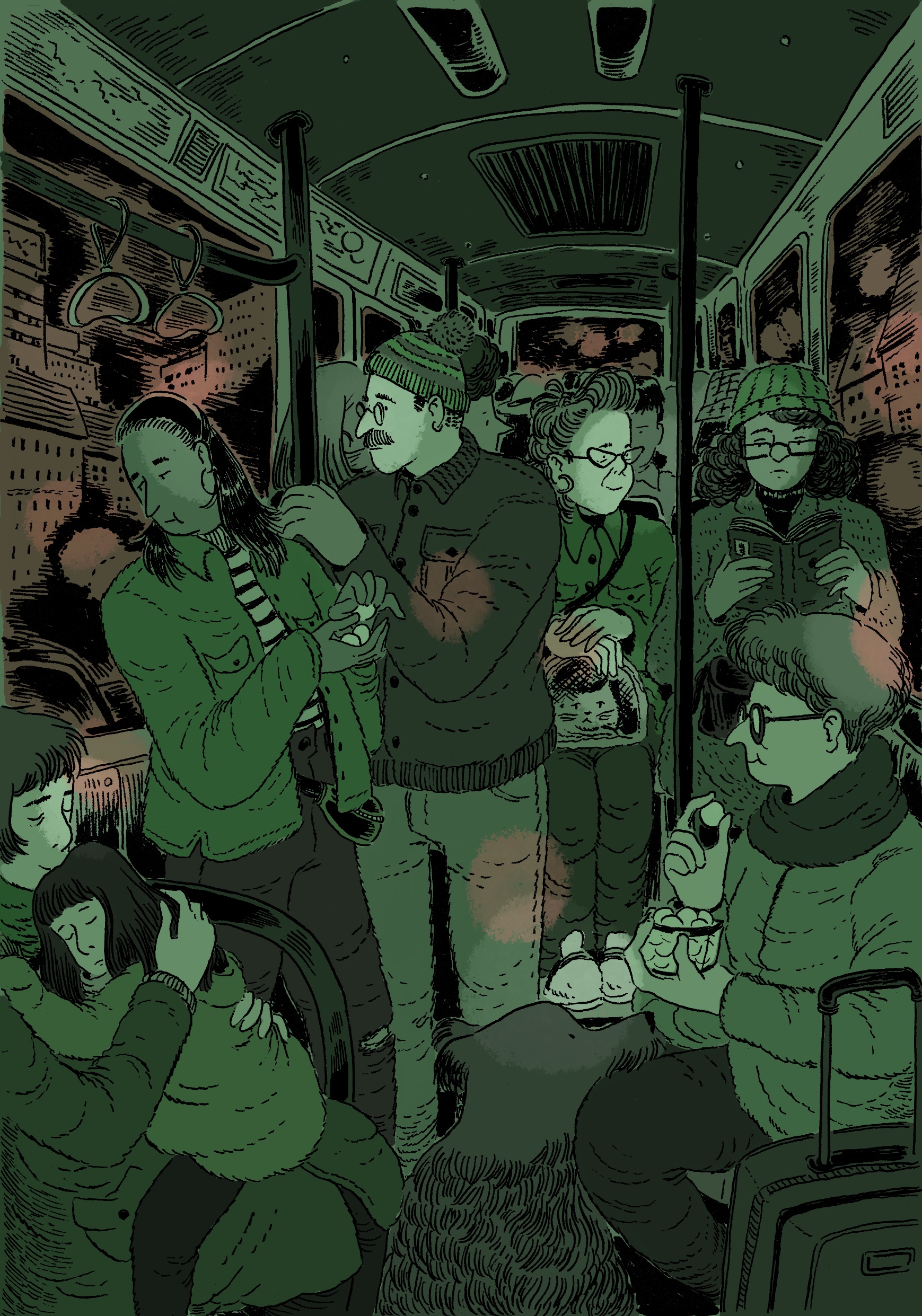 Night bus (2026) - inked with maru nib and India ink, coloured digitally